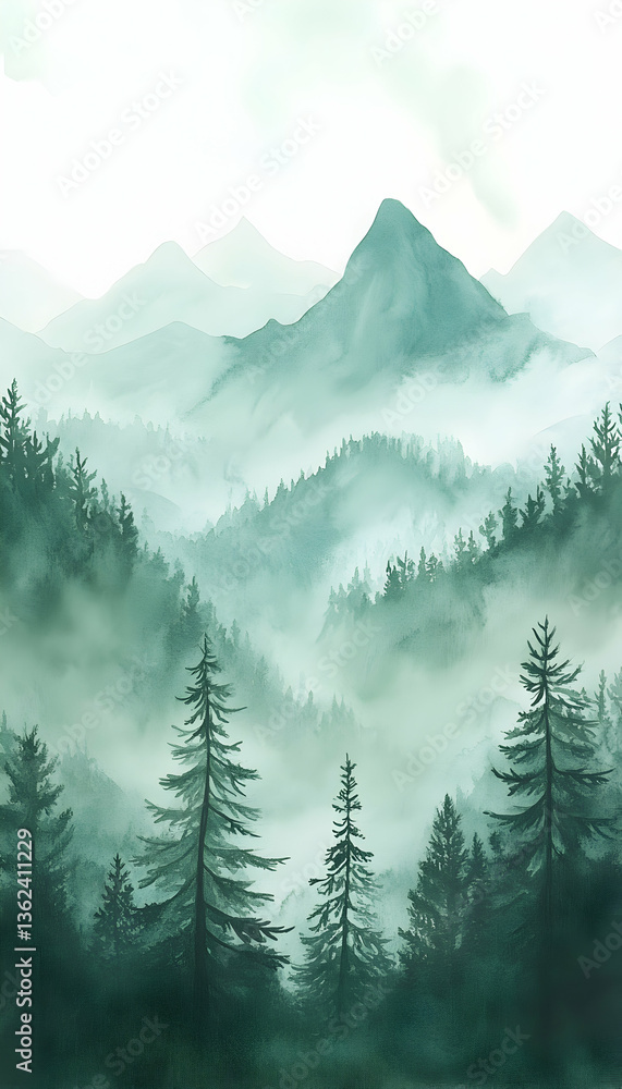 Fototapeta premium Serene watercolor landscape featuring misty mountains and lush evergreen trees in soothing green tones -