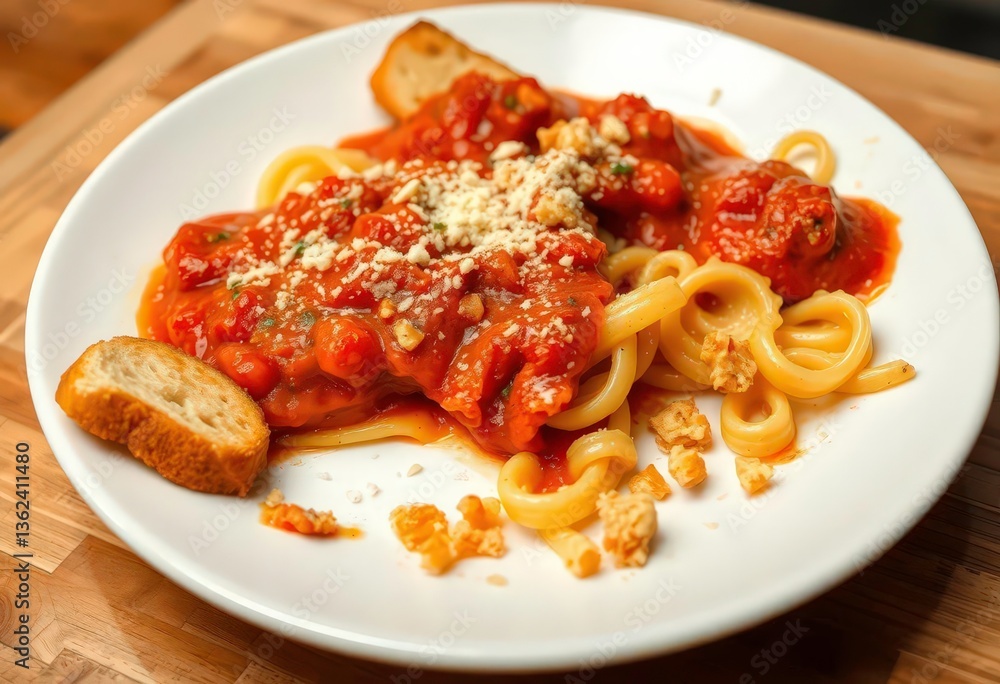Half-eaten plate of pasta with sauce, bread crumbs, home cooking, restaurant Half-eaten plate of pasta with sauce, bread crumbs, home cooking, restaurant