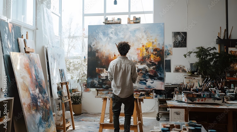A robot artist creating a beautiful painting in a modern art studio A robot artist creating a beautiful painting in a modern art studio