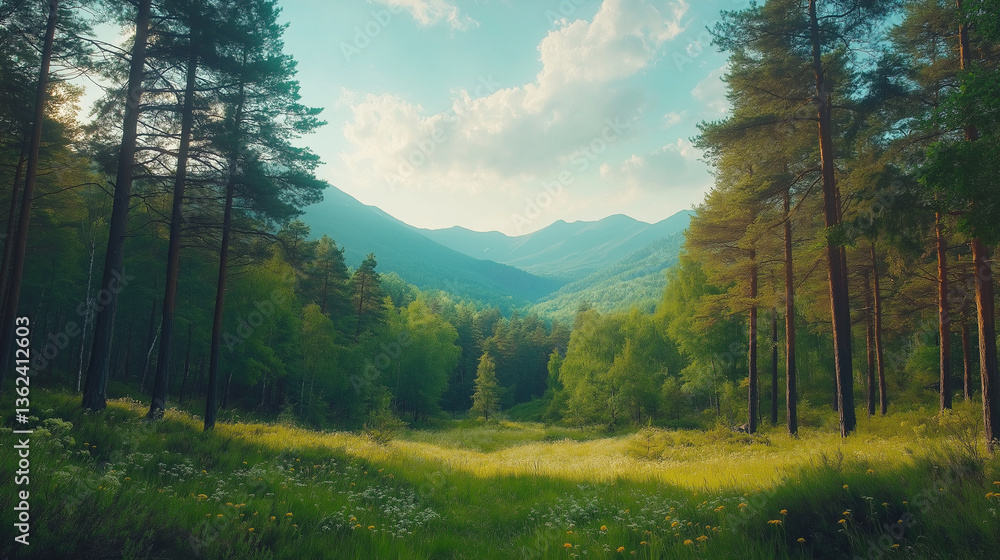 Fototapeta premium autumn in the mountains, Serene Mountain Landscape at Sunset