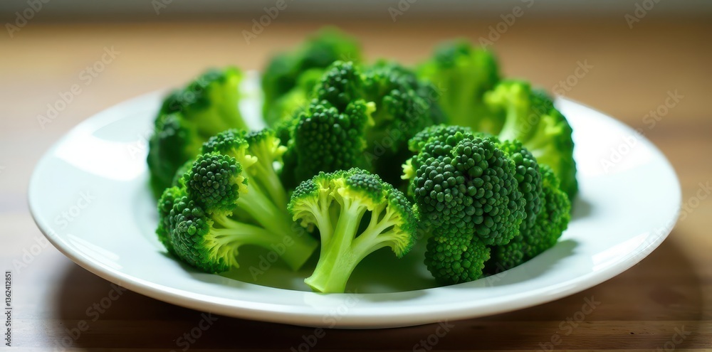 Crisp broccoli crowns arranged on a stark white plate Bright, natural lighting , healthy, market fresh Crisp broccoli crowns arranged on a stark white plate Bright, natural lighting , healthy, market fresh