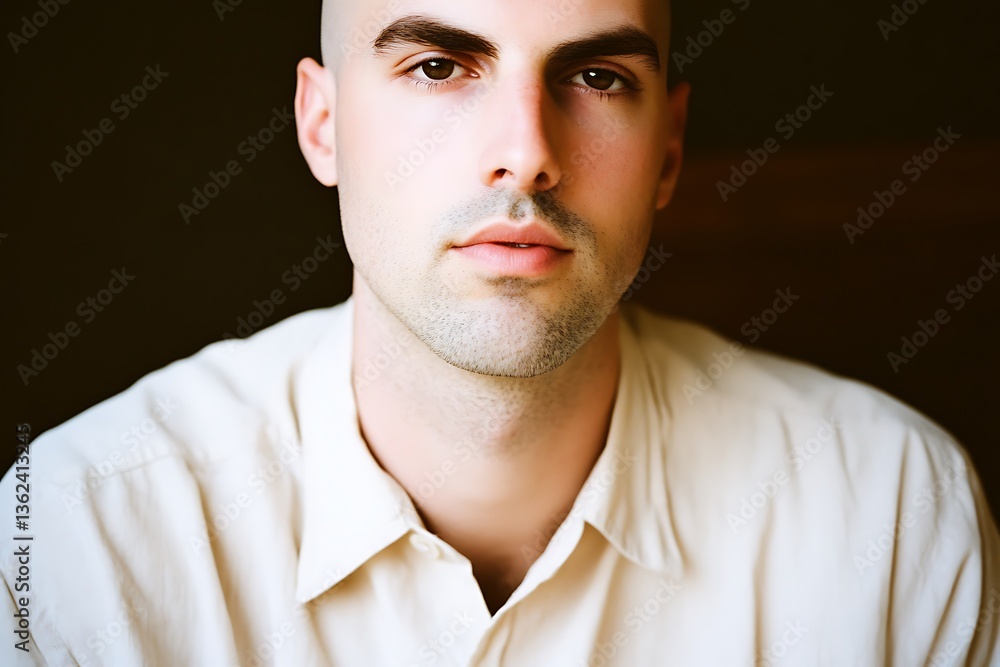 Close-up portrait of a man in a light beige shirt, thoughtful expression in a dimly lit room Close-up portrait of a man in a light beige shirt, thoughtful expression in a dimly lit room
