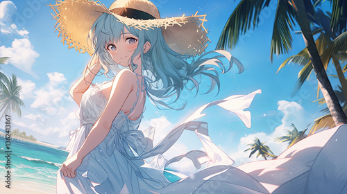 Smiling anime girl with long blue hair wearing a flowing white dress and straw hat, standing on a tropical beach with palm trees and clear blue waters under a bright sky