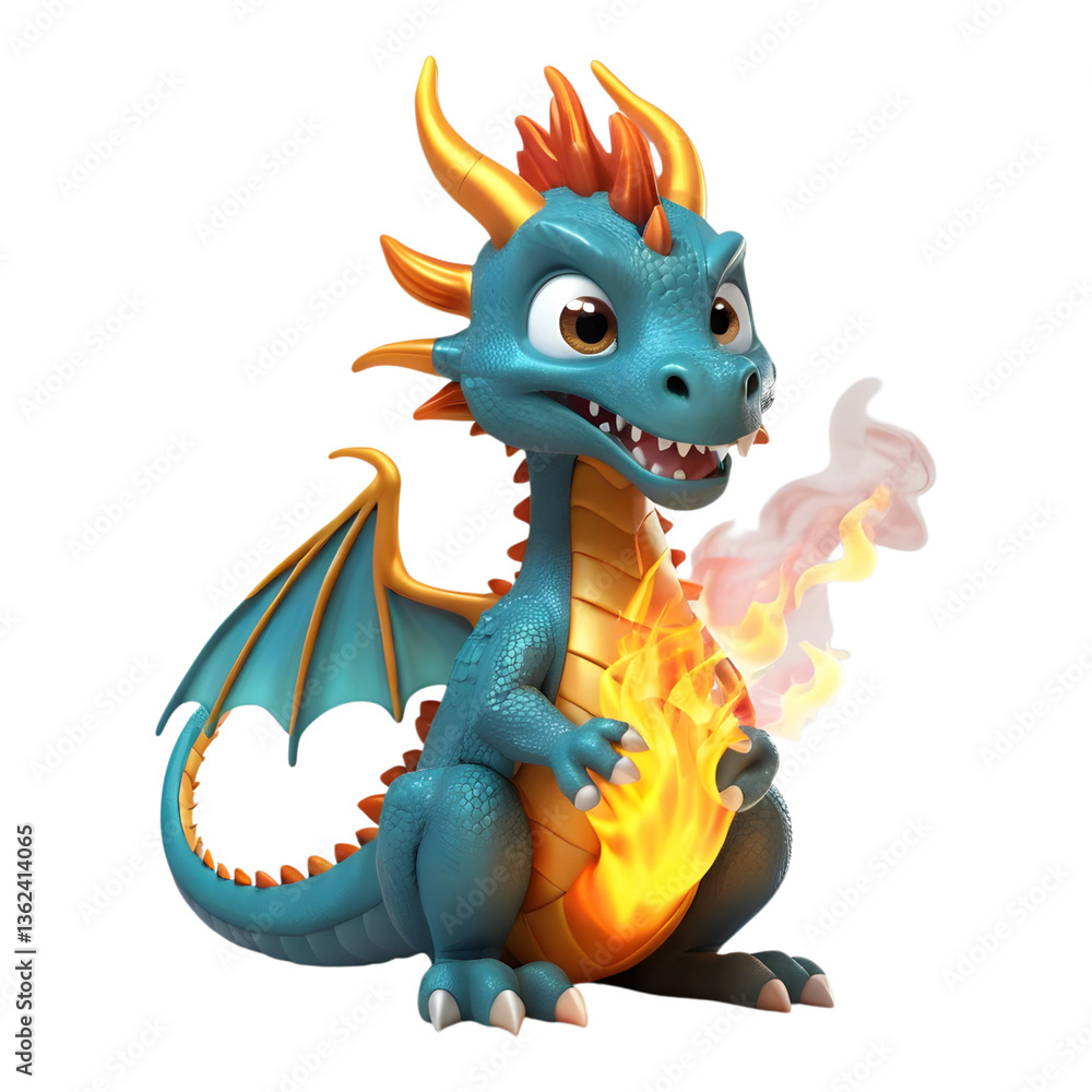 Fototapeta premium Fire-breathing baby dragon with blue scales and wings