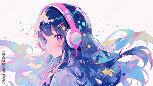 Dreamy anime girl with long, colorful hair wearing pink headphones, surrounded by floating stars and abstract shapes in a vibrant, artistic atmosphere