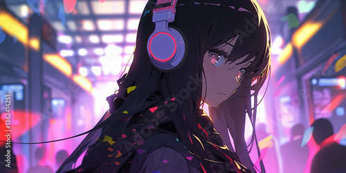 Thoughtful anime girl with long dark hair wearing glowing headphones, standing in a crowded subway with vibrant neon lights