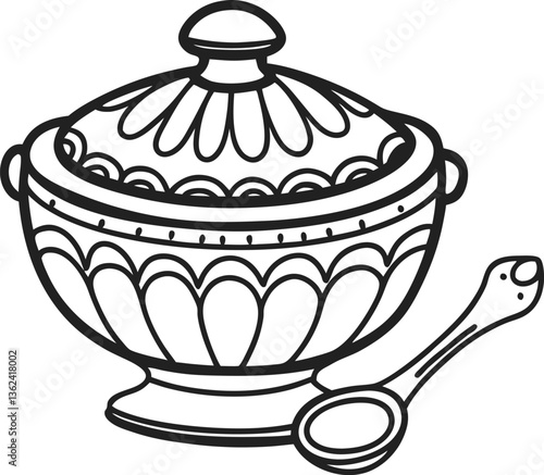 ornate lidded soup bowl with decorative spoon elegant dining, vintage kitchenware illustration