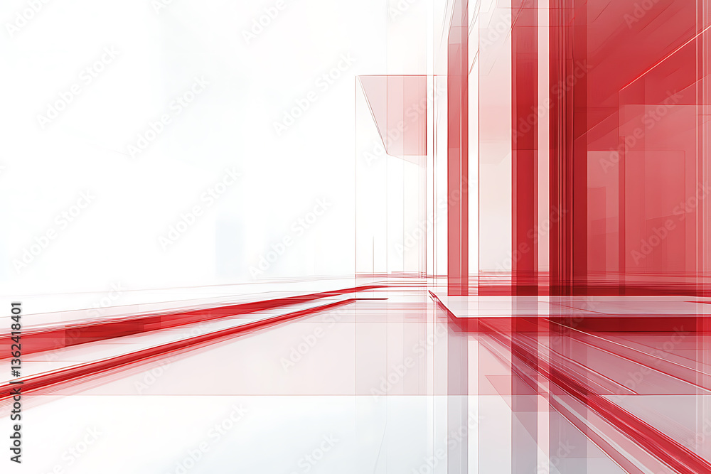 Obraz premium Futuristic abstract 3D rendering of transparent red geometric shapes and lines on a clean white background. Ideal for technology, architecture, innovation, digital space, or modern design concepts.