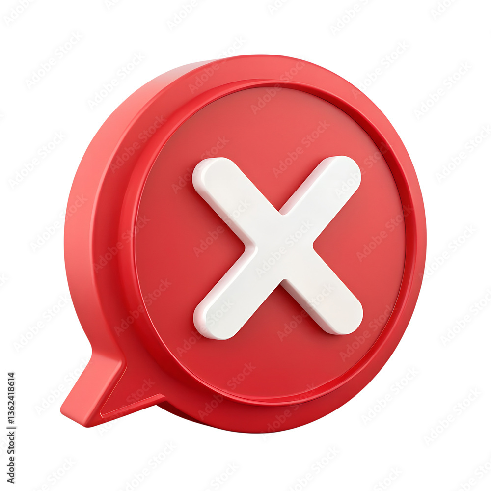 Obraz premium Red Speech Bubble with White X Symbol Error Message Isolated on Transparent or White Background PNG