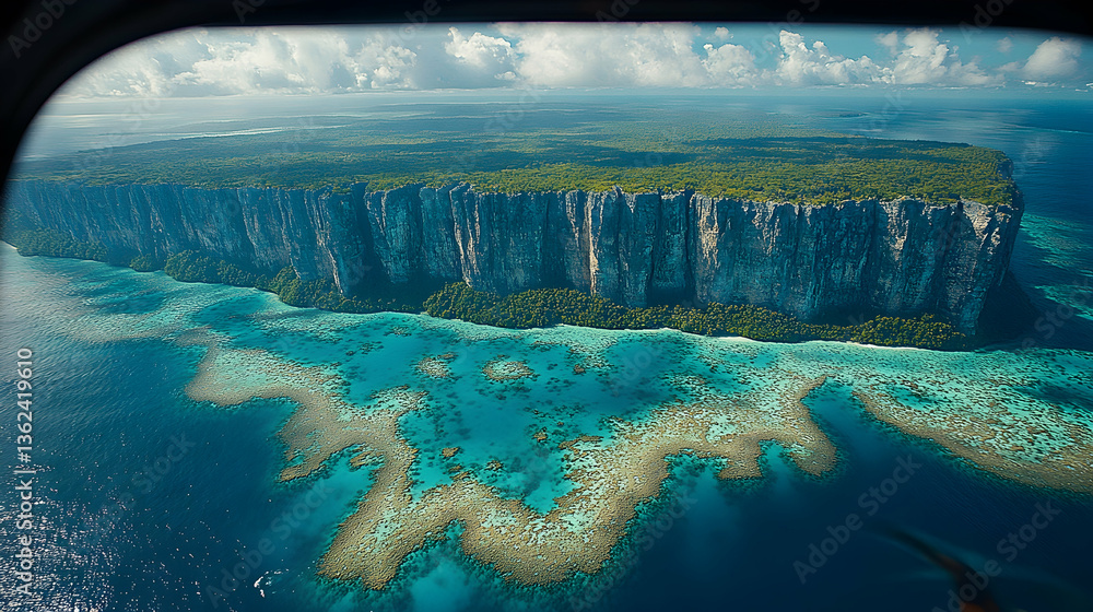 Fototapeta premium Aerial view of a sheer cliff dropping into turquoise water and reef seen from a window with clouds above a lush green p