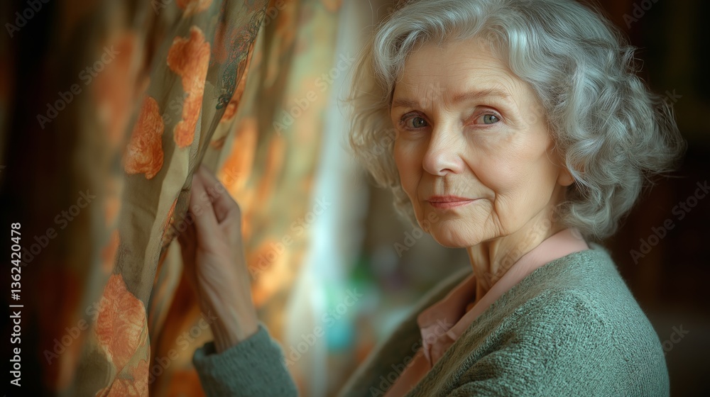 Thoughtful Senior Caucasian Woman Looking Out Window Holding Floral Curtain for Elderly Care, Retirement Living, or Loneliness Awareness Campaigns in Soft Pastel Tones Thoughtful Senior Caucasian Woman Looking Out Window Holding Floral Curtain for Elderly Care, Retirement Living, or Loneliness Awareness Campaigns in Soft Pastel Tones