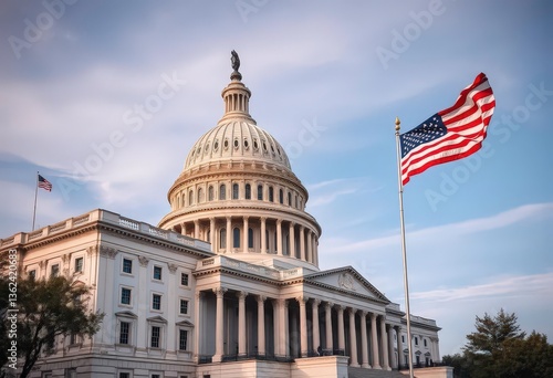 Majestic US Capitol building, American flag waving proudly, political, destination