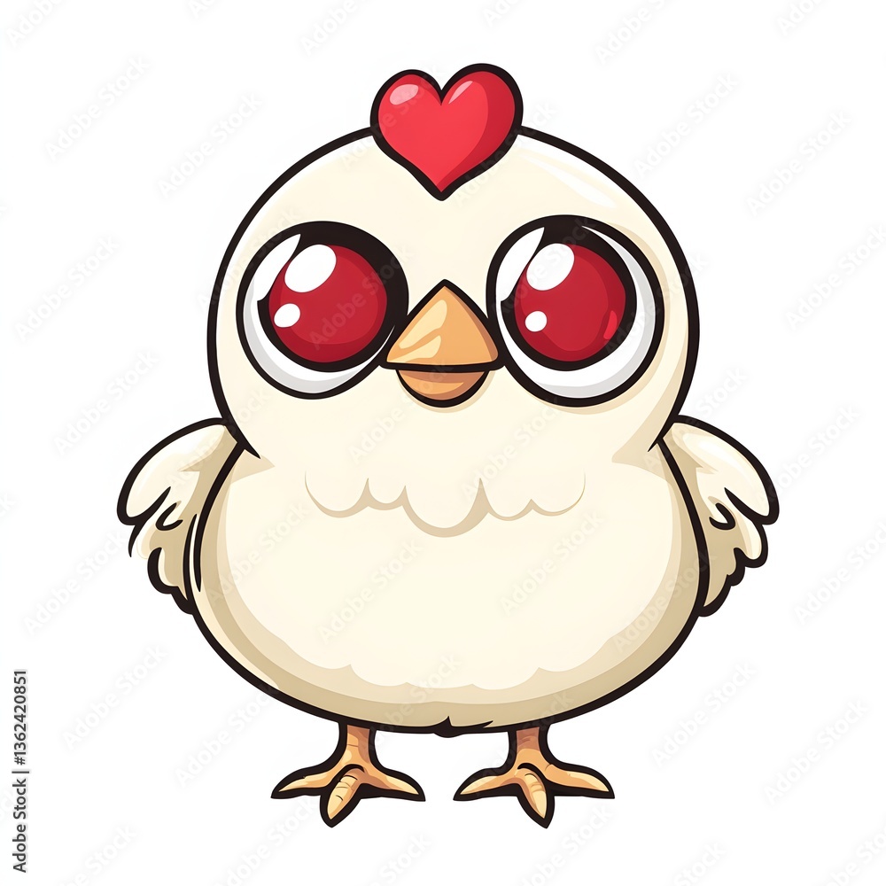 Cute cartoon chicken character with big eyes and a heart-shaped comb in a playful pose Cute cartoon chicken character with big eyes and a heart-shaped comb in a playful pose