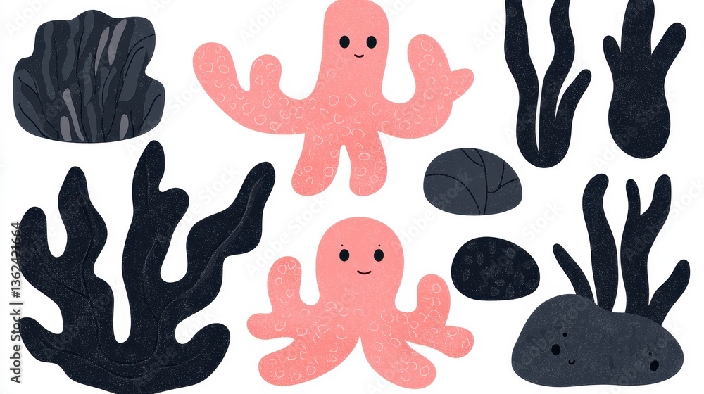 Naklejka premium Playful Pink Glitter Octopuses and Dark Gray Seaweed Illustration