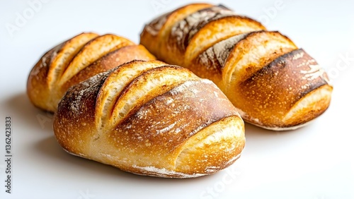 Three freshly baked bread rolls with a golden-brown crust and sliced tops, arranged on a white surface. Concept Baked Bread Rolls, Golden-Brown Crust, Freshly Baked, Sliced Tops, Food Photography