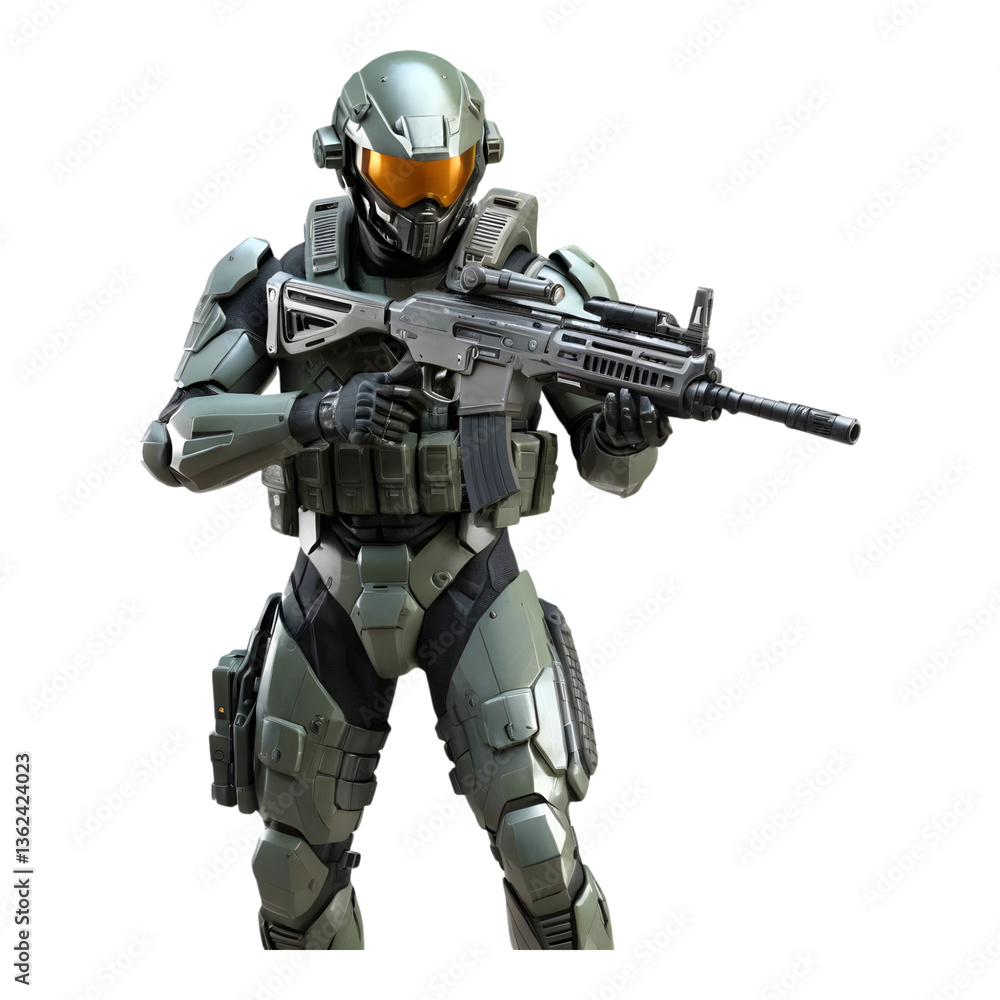 Sci-fi soldier in full-body armor holding a futuristic gun Sci-fi soldier in full-body armor holding a futuristic gun