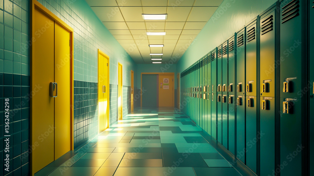 3D illustration of a school corridor lined with lockers, featuring detailed interior design and realistic lighting 3D illustration of a school corridor lined with lockers, featuring detailed interior design and realistic lighting
