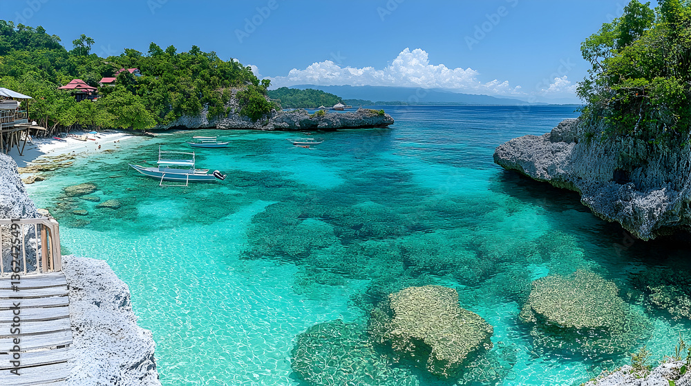Fototapeta premium An island paradise with turquoise water lush greenery boats dotting the bay and a glimpse of mountains in the horizon