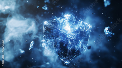 Glowing sapphire nanostructure refracting light, surrounded by faint scratches and fog particles. Minimalist elegance meets intricate light play.
