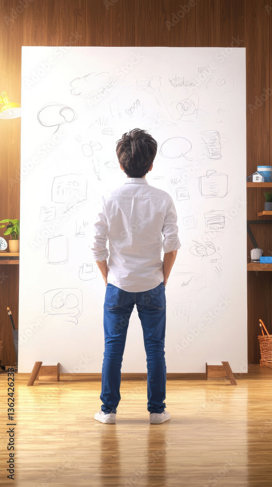 Boy jeans creative ideas whiteboard brainstorming sketching plan. hopeful child stands gazing at large doodle board Boy jeans creative ideas whiteboard brainstorming sketching plan. hopeful child stands gazing at large doodle board