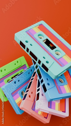 Cassette tapes with 80s style labels and multicolor cases on red background