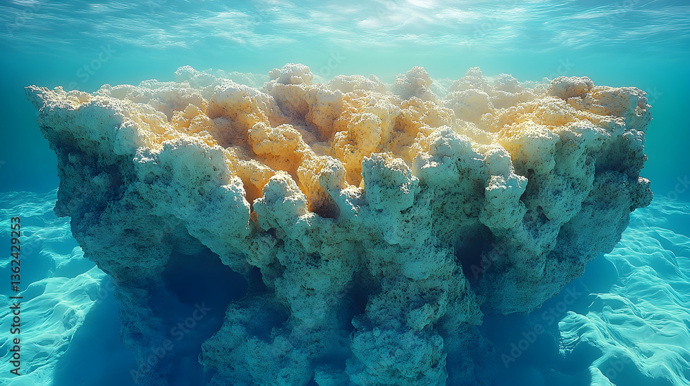 Fototapeta premium An underwater view showcases a large intricate coral formation under sunlight filtering through turquoise water