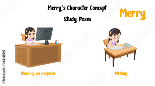 A girl studing cartoon, vector. Girl writing cartoon, vector & clipart. Cartoon girl reading, illustration & clipart