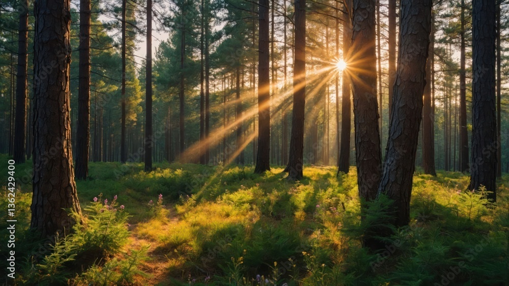 Fototapeta premium A serene forest scene with sunlight streaming through tall trees, illuminating the undergrowth.