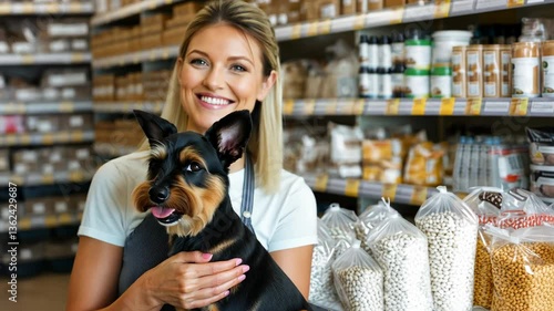 Woman with long hair and a dog poses happily in a well-stocked pet supply store featuring bags of food