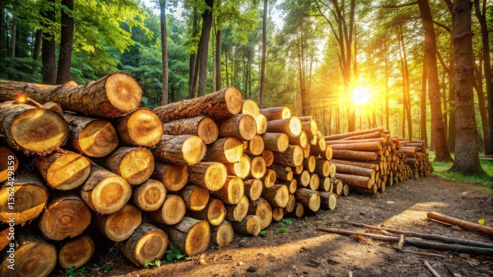 Golden Hour Lumber Stack in a Verdant Forest Golden Hour Lumber Stack in a Verdant Forest