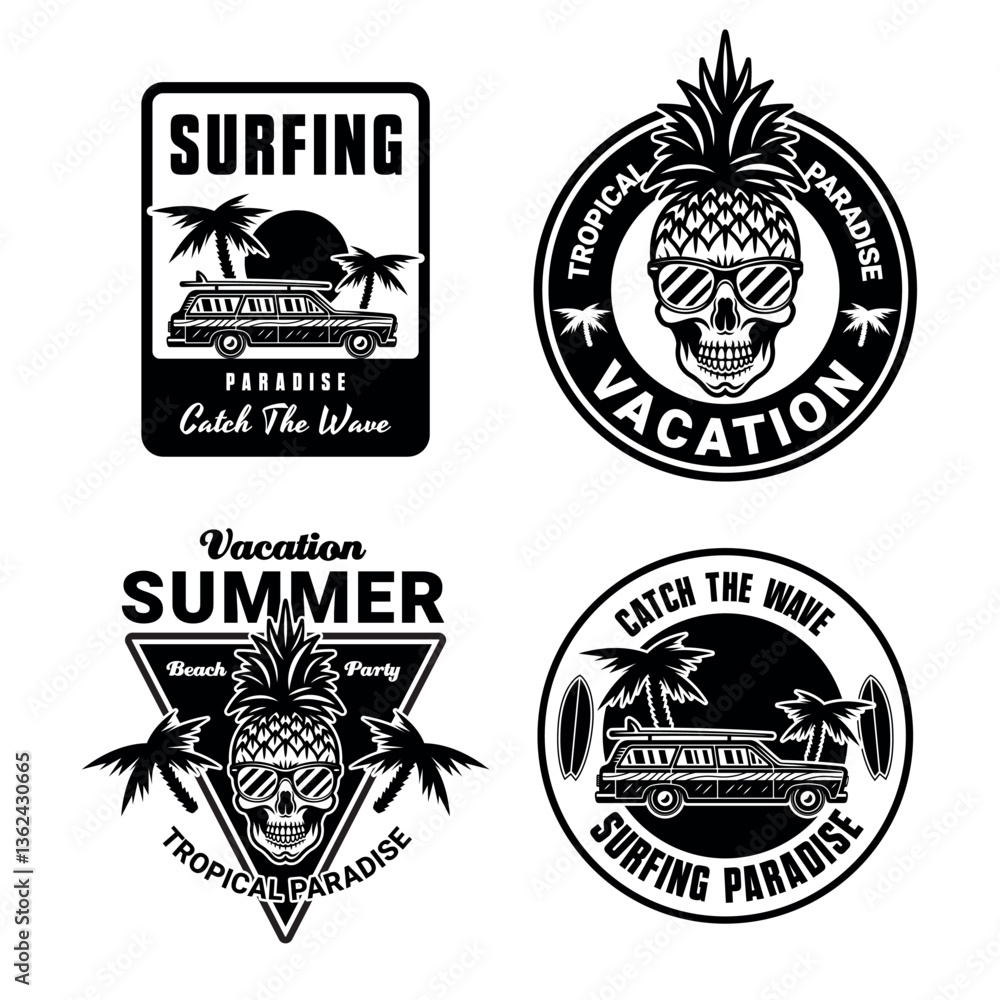 Fototapeta premium Surfing and summer vacation set of vintage emblems with tropical beach, waves, surfboards, palm trees, and sunsets. Perfect for t-shirts, and retro style designs