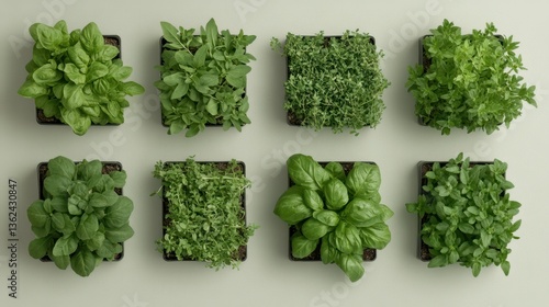 Top down view of fresh herbs in wooden boxes and growing plants in square plots