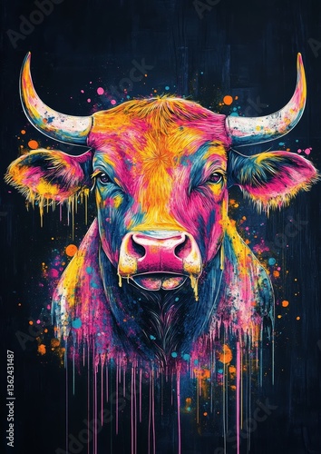 Vibrant Abstract Artwork of a Bull with Wild Color Spots and Drips on a Dark Background