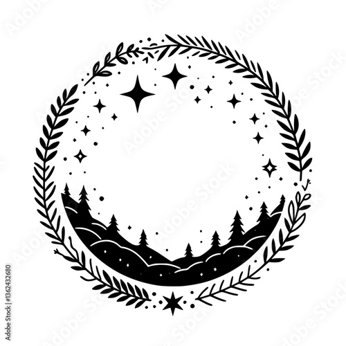 Celestial Wreath Illustration: A monochromatic, circular design depicting a night forest silhouette ringed by leaves and stars, evoking a sense of wonder.
