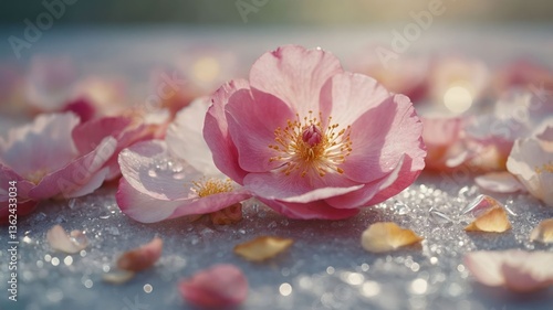 A close-up of delicate pink flowers surrounded by petals on a shimmering surface.