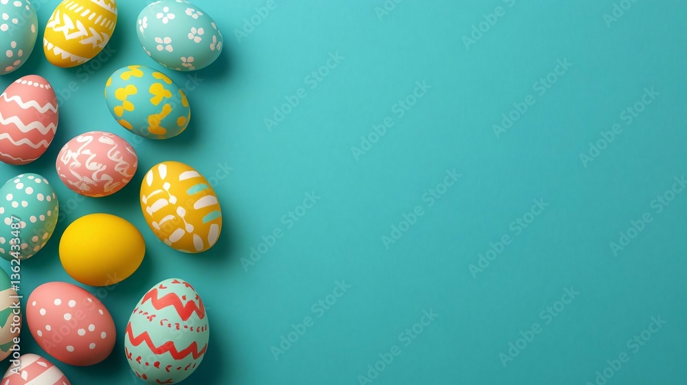 Festive Easter egg display on a vivid pastel surface, top view with copy space, perfect for spring holiday invitations and templates Festive Easter egg display on a vivid pastel surface, top view with copy space, perfect for spring holiday invitations and templates