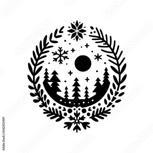 Minimalist Winter Solstice Illustration: Circular Black and White Design Featuring Trees, Snowflakes, Moon, Stars, and Botanical Frame.