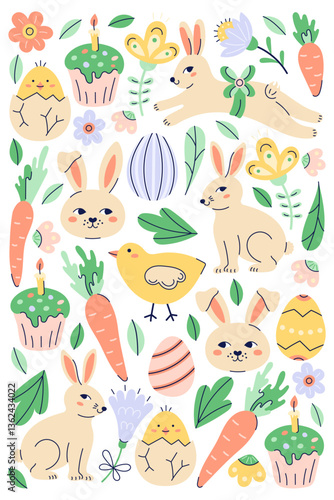 Happy Easter vertical poster with bunny and different elements. Greeting hand drawn card on white background. Flat illustration with partial outline. Isolated vector illustration.