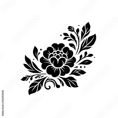 Elegant Black and White Floral Design: A stylized peony with leaves and buds, creating a classic and decorative graphic on a plain white background.