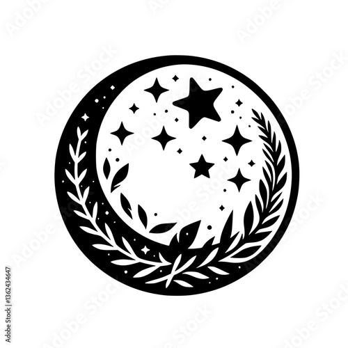 A minimalist, circular illustration featuring a crescent moon filled with stars and enclosed by leafy sprigs, creating a celestial and botanical design.