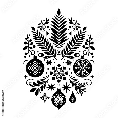 A symmetrical black and white Christmas ornament design featuring intricate cut-out illustrations of snowflakes, baubles, foliage, and festive embellishments, evoking a vintage folk art style.
