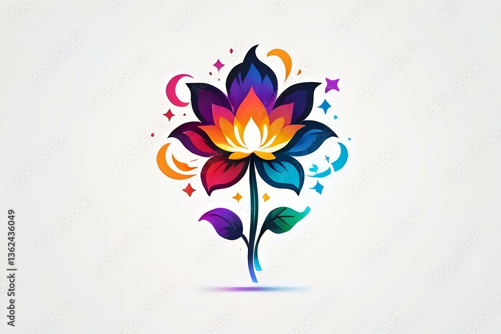 Vibrant lotus flower with gradient petals in pink, purple, orange and blue tones, decorated with stars and curved elements on light background. Spiritual art concept. Vibrant lotus flower with gradient petals in pink, purple, orange and blue tones, decorated with stars and curved elements on light background. Spiritual art concept.