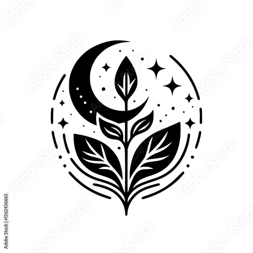 A serene black and white illustration depicting a stylized plant, a crescent moon, and stars, enclosed within a circular frame, evoking a sense of mystic growth.