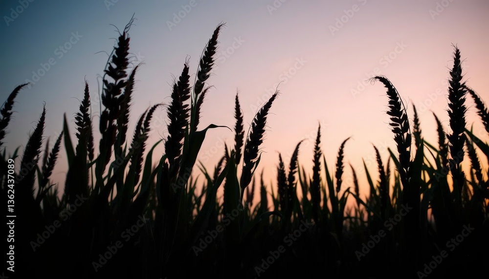 Fototapeta premium Silhouette of tall corn stalks bending gracefully in a breeze, rustic, crop