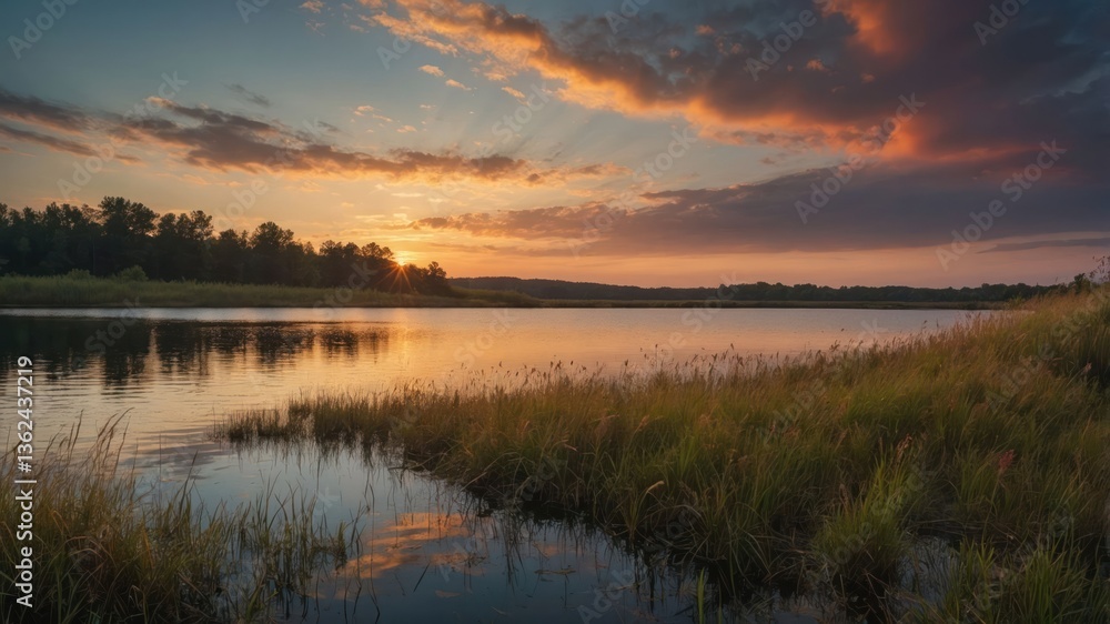 A serene sunset over a tranquil river, reflecting vibrant colors in the water. A serene sunset over a tranquil river, reflecting vibrant colors in the water.