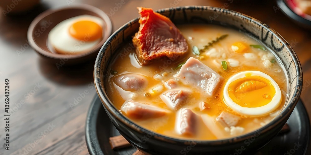Silky pork and egg congee, rich broth, tender meat, chinese, top view Silky pork and egg congee, rich broth, tender meat, chinese, top view