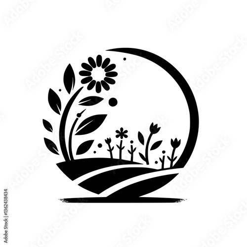 Stylized black and white floral arrangement enclosed within a circular frame, featuring a large daisy, smaller flowers, leaves, and rolling hills, suggesting nature and minimalism.