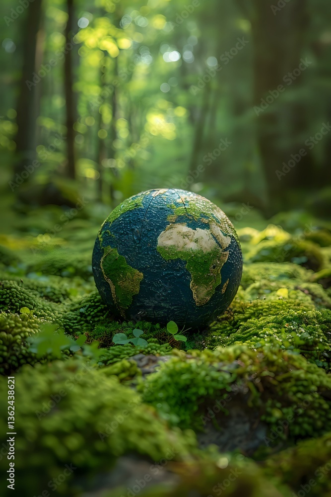 Globe model on green moss in forest showing continents and oceans, environmental conservation concept with soft bokeh background and natural sunlight. Globe model on green moss in forest showing continents and oceans, environmental conservation concept with soft bokeh background and natural sunlight.