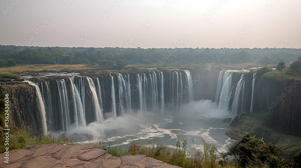 Fototapeta premium Breathtaking waterfall cascades into a misty pool surrounded by lush green vegetation and a hazy sky