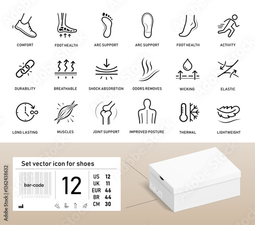 Set icons for shoes. These icons can visually communicate the key features of footwear designed to promote foot health. The outline icons are well scalable and editable. EPS10.	